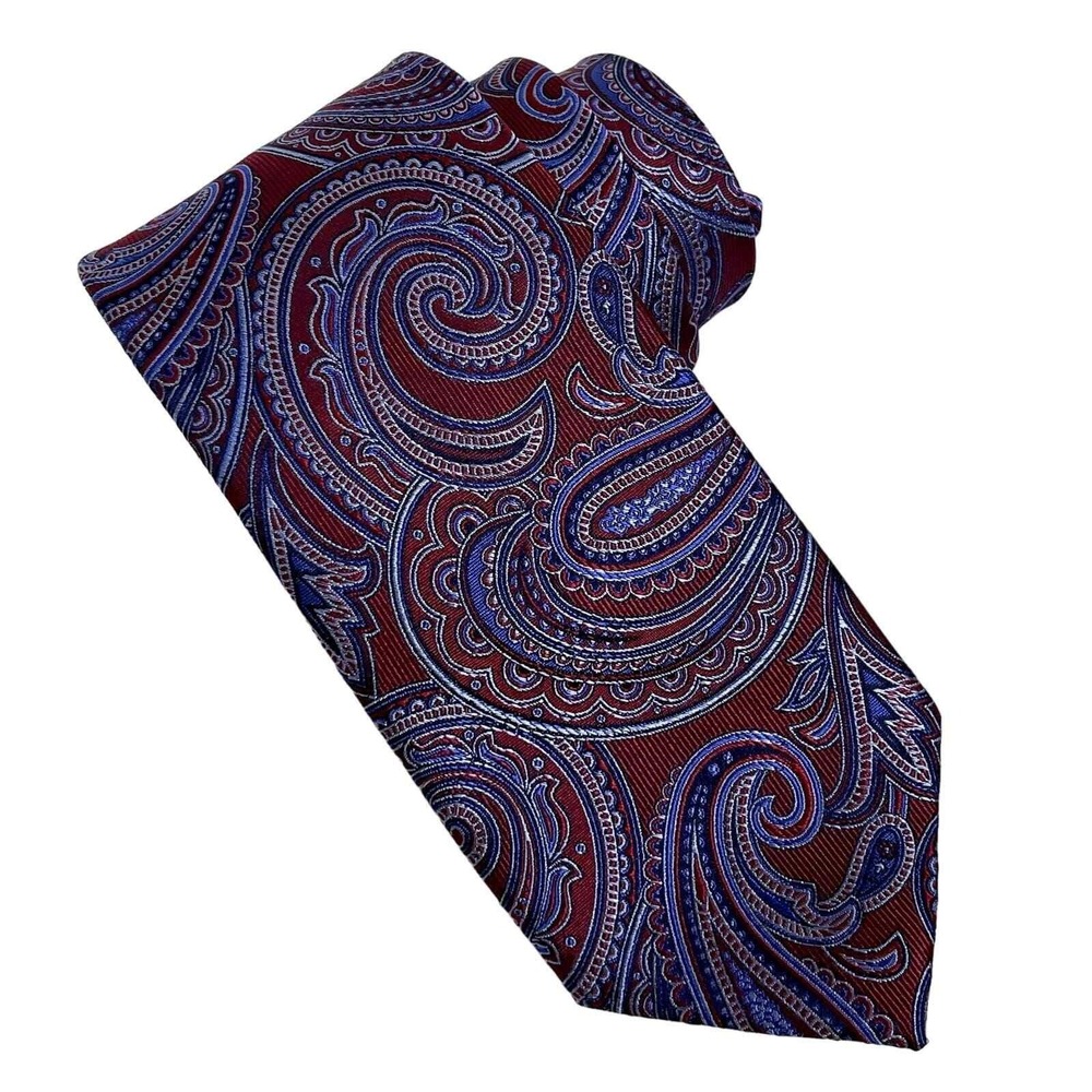 Pronto Uomo Necktie Mens Burgundy Blue Paisley Silk Blend Woven Tie Classic